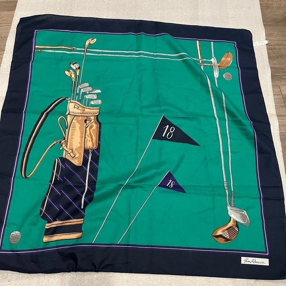 Jim Renoir Accessories - Vintage Jim Renoir 75X75cm STUNNING Green Golf Themed Scarf Polyester